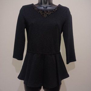 Sugarlips Peplum Blouse with Black Rhinestone Collar Size M